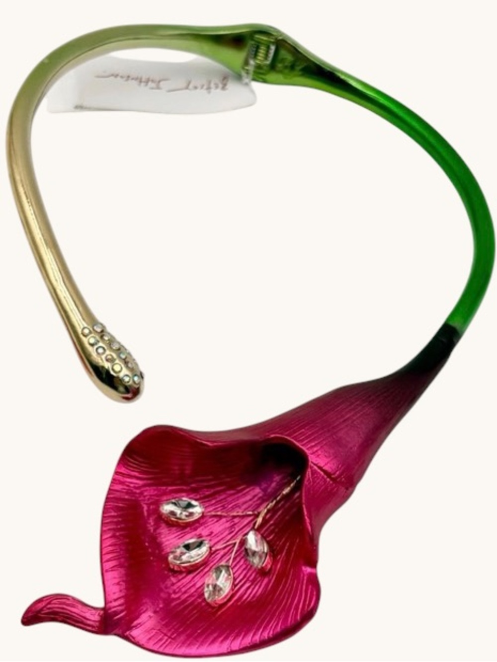 BETSEY JOHNSON Pinkish-Purple Ombré Hinged Calla Lily Necklace & Crystals NWT